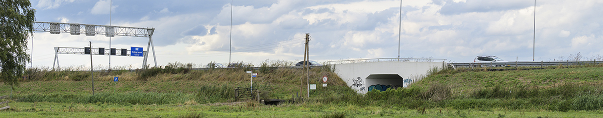Weg met viaduct en verkeersborden